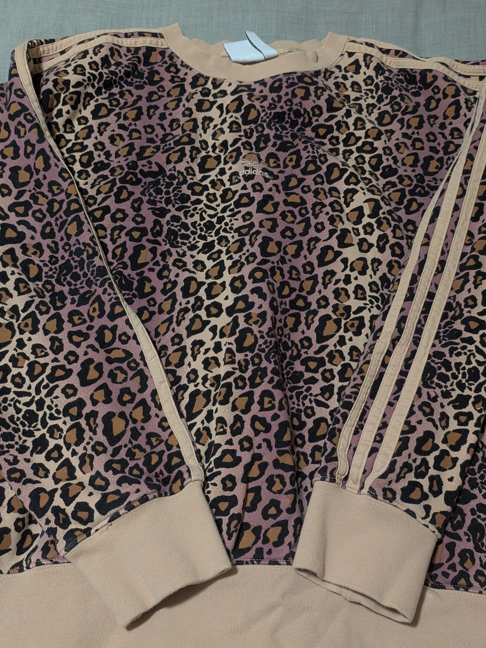 Adidas Leopard Print Pullover Sweatshirt in Beige and Pink - Picture 2 of 3